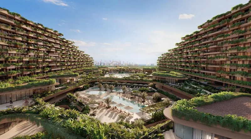 Perspectiva do All Resort Club Residence: edifícios escalonados com vegetação em volta de piscinas